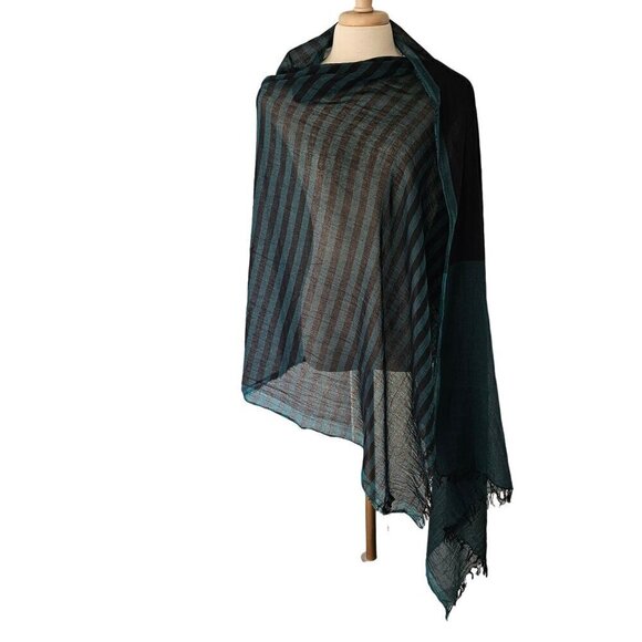 Y&D XL Cotton Blend Scarf Wrap Oblong Teal Black Stripe 2 Sided 34 X 80 in NWT - Picture 2 of 8